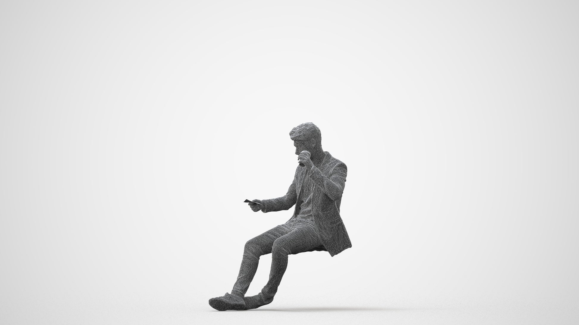 3D human model man casual sitting, photogrammetry scanned person for archviz, square thumbnail