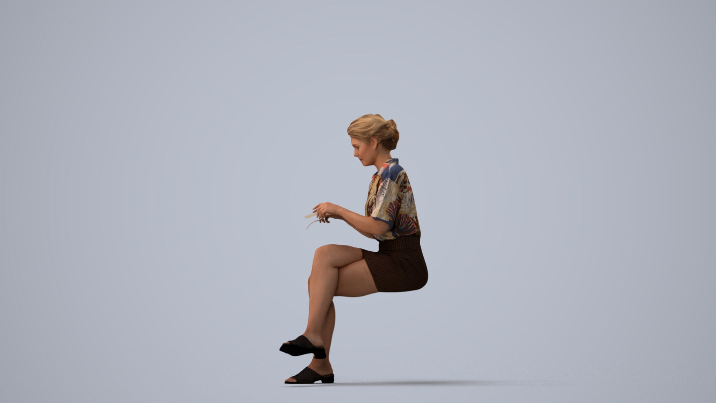photogrammetry 3D woman casual sitting, realistic human model archviz FBX, three-quarter view render