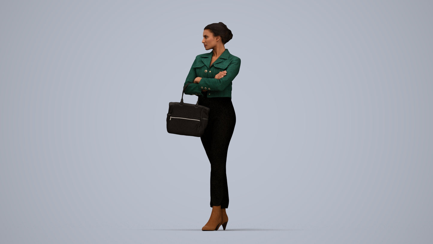 3D human model woman business standing, photogrammetry scanned person for archviz, top-down view render