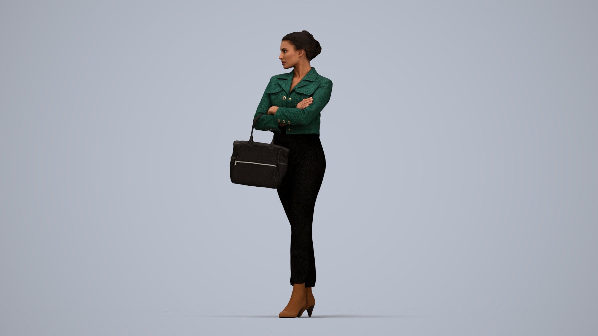 3D human model woman business standing, photogrammetry scanned person for archviz, top-down view render