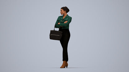3D human model woman business standing, photogrammetry scanned person for archviz, top-down view render