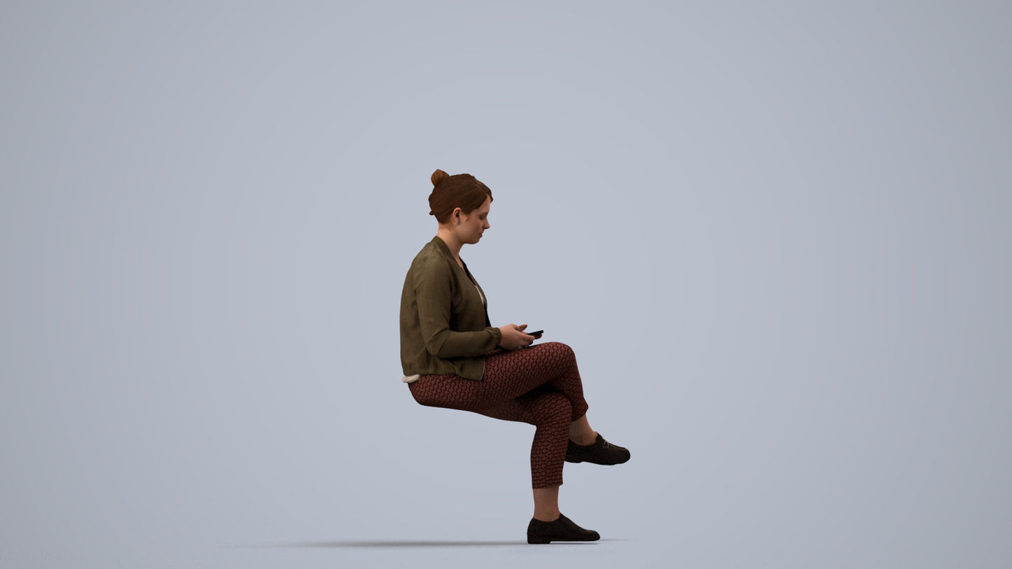 scanned 3D woman casual sitting, photogrammetry people for Enscape and V-Ray, side view render