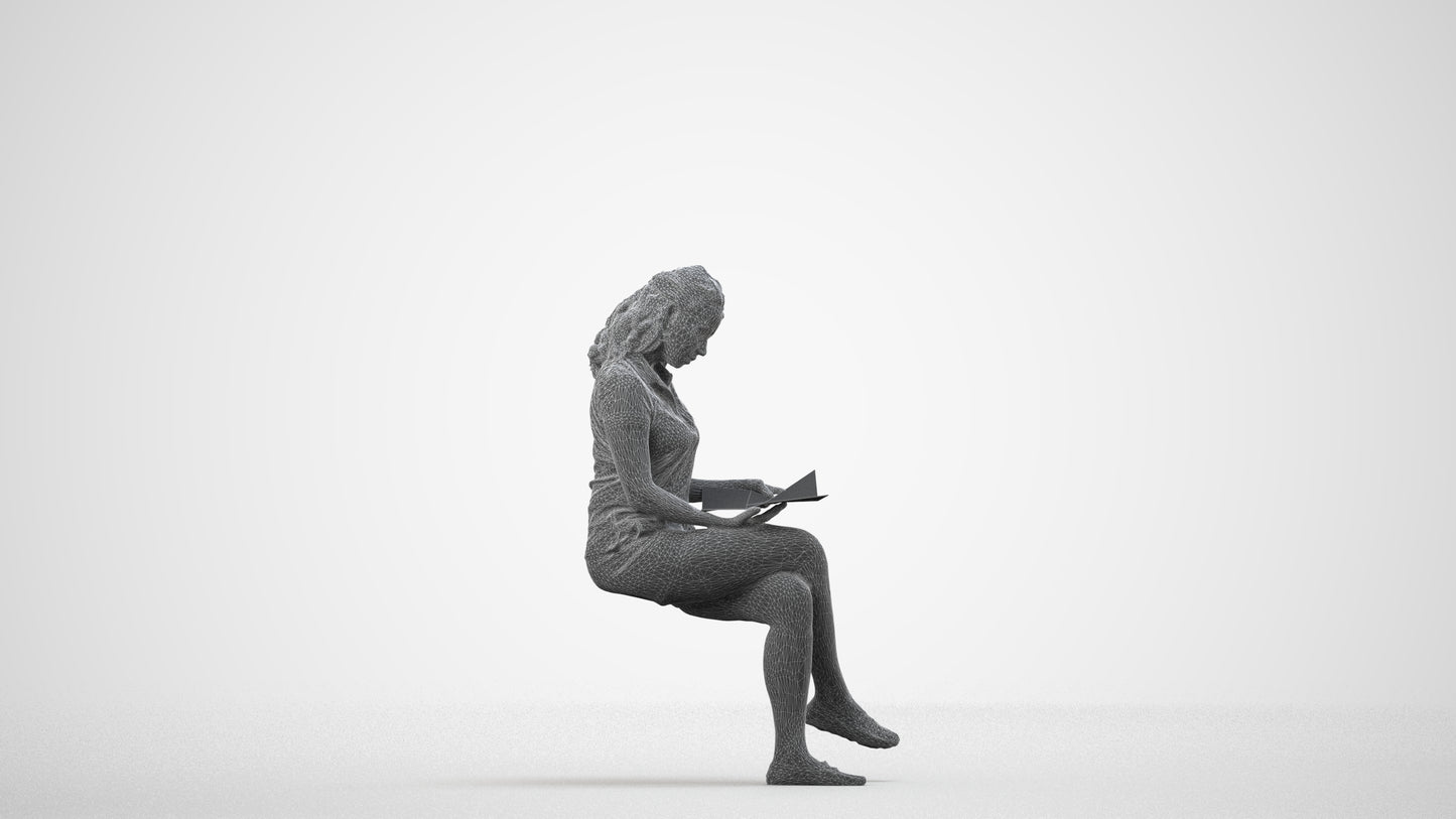 3D human model woman casual sitting, photogrammetry scanned person for archviz, wireframe side view
