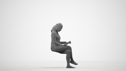 3D human model woman casual sitting, photogrammetry scanned person for archviz, wireframe side view