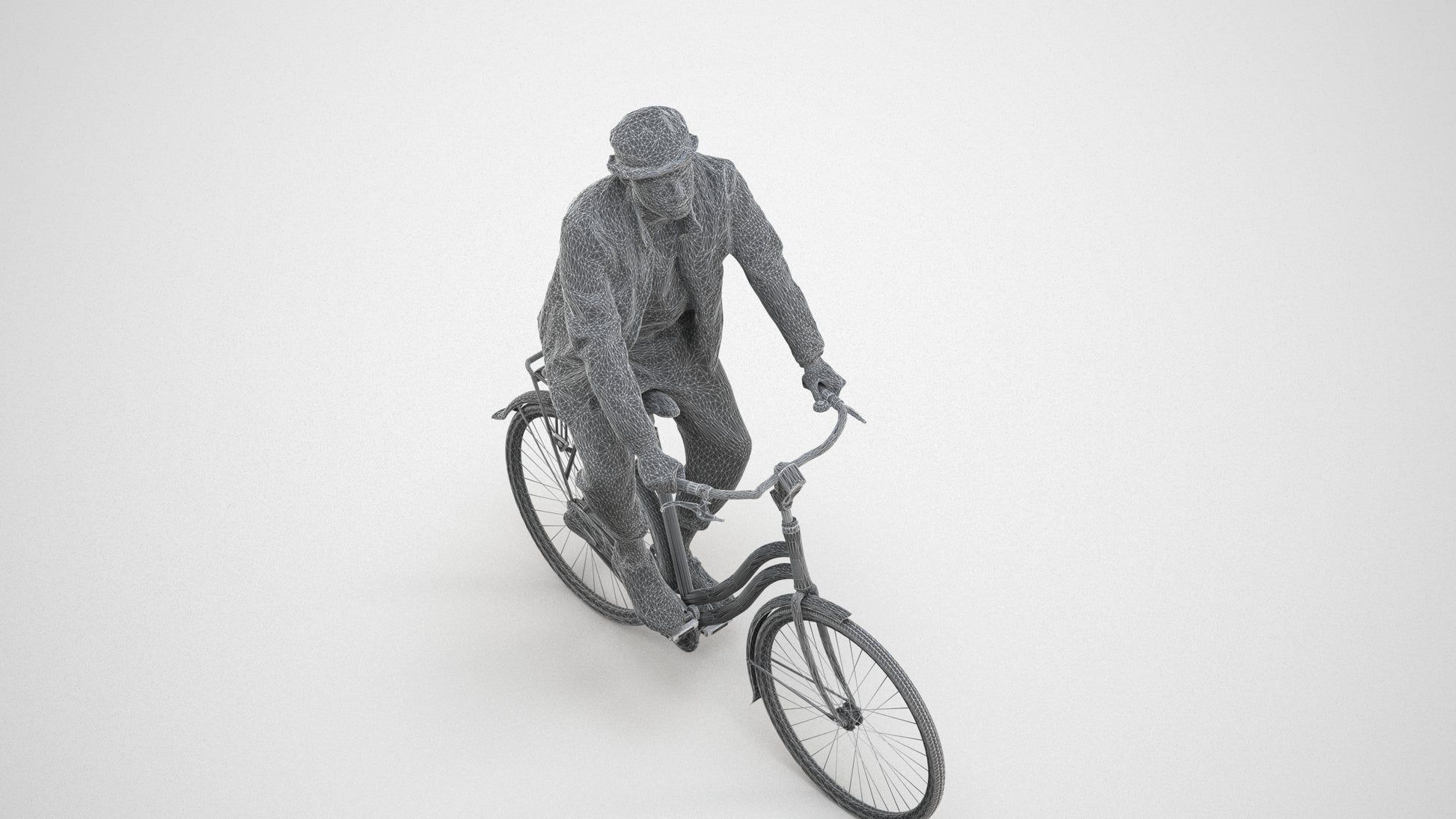 3D scanned man cycling casual, photorealistic archviz people for Enscape and SketchUp, wireframe three-quarter view