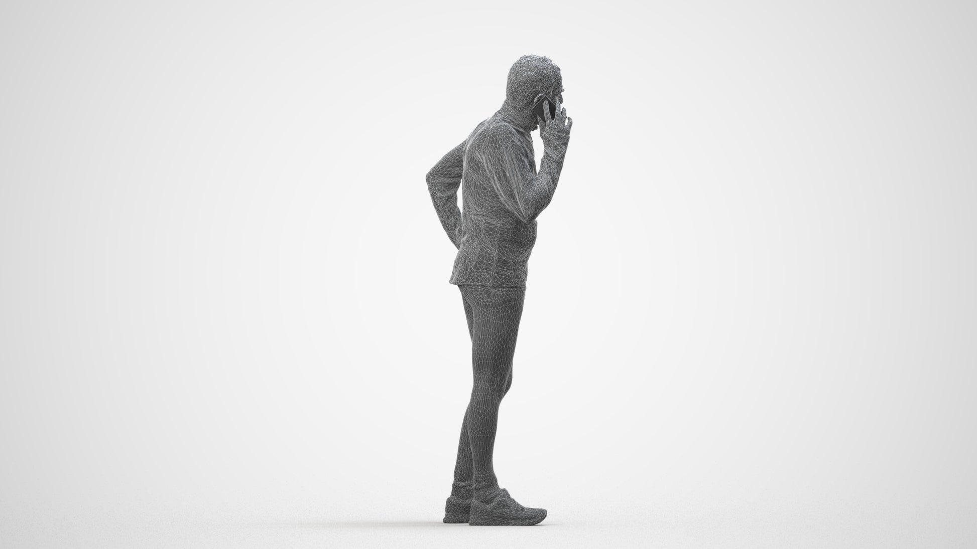 3D human model senior man sport, photogrammetry scanned person for archviz, wireframe side view