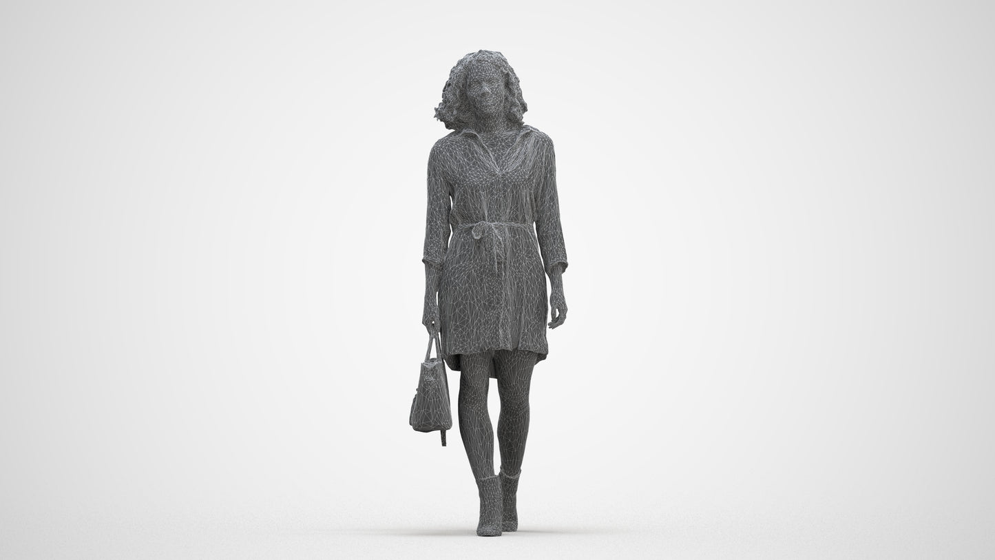3D scanned woman walking casual, photorealistic archviz people for Enscape and SketchUp, three-quarter front view render