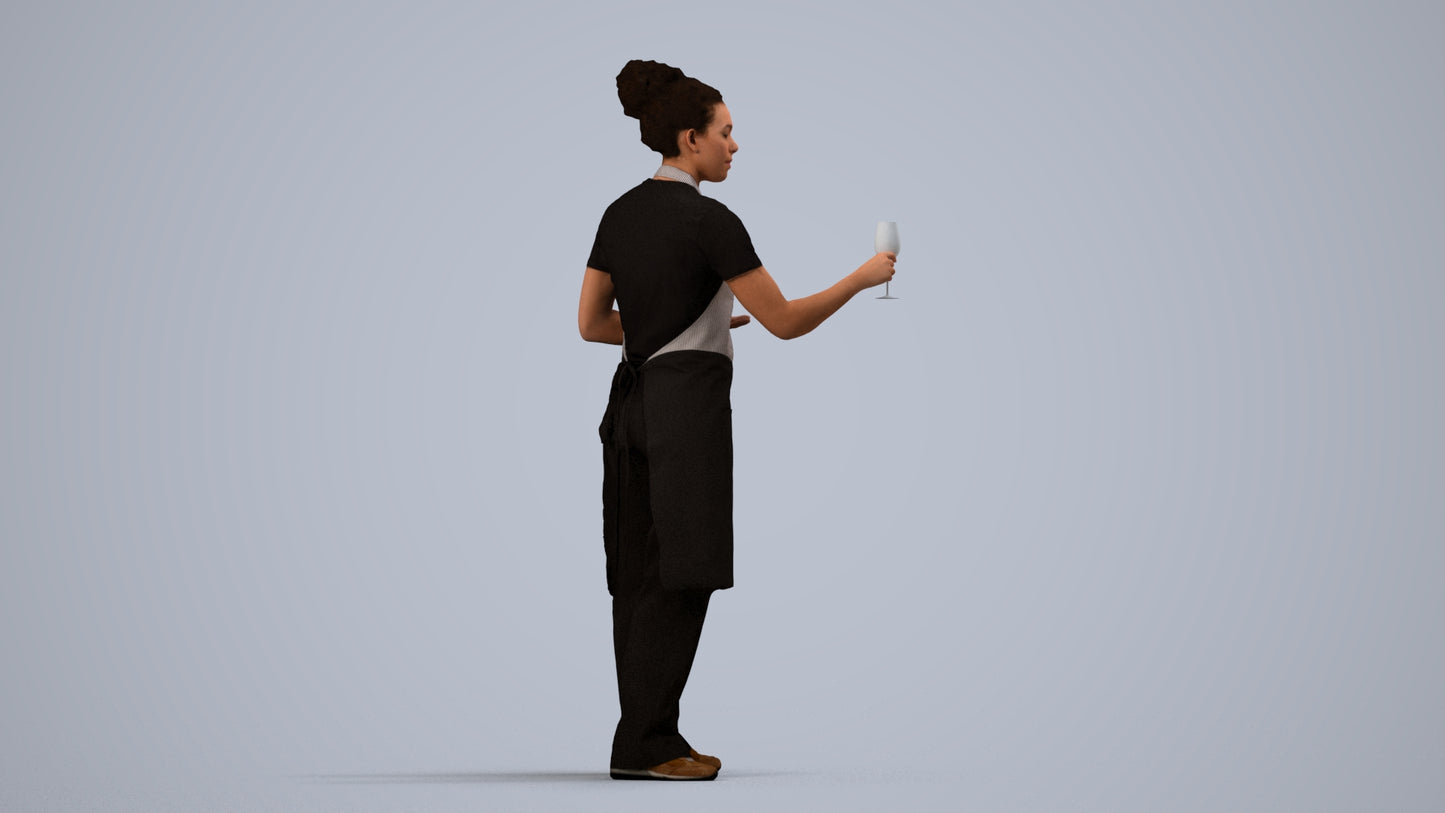 photogrammetry 3D woman hospitality, realistic human model archviz FBX, side view render