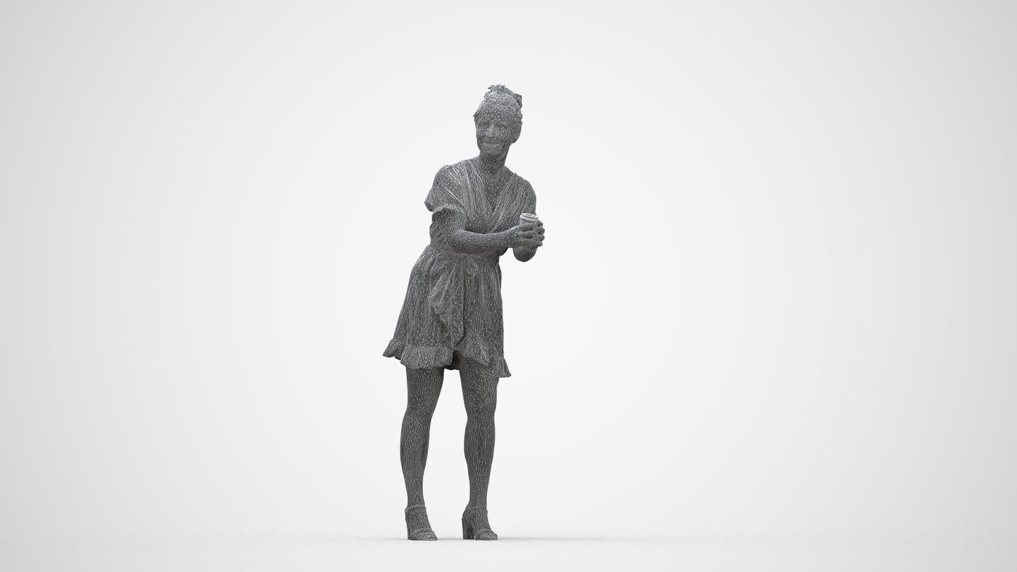 3D human model woman casual standing, photogrammetry scanned person for archviz, wireframe back view