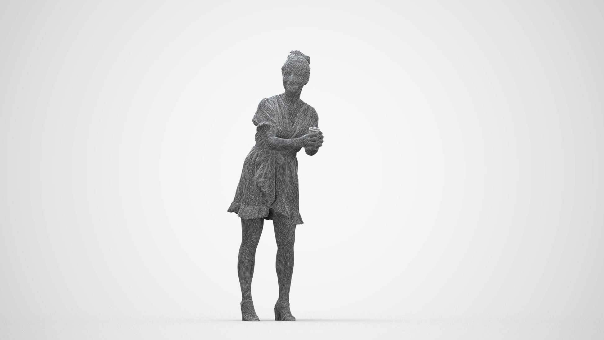 3D human model woman casual standing, photogrammetry scanned person for archviz, wireframe back view