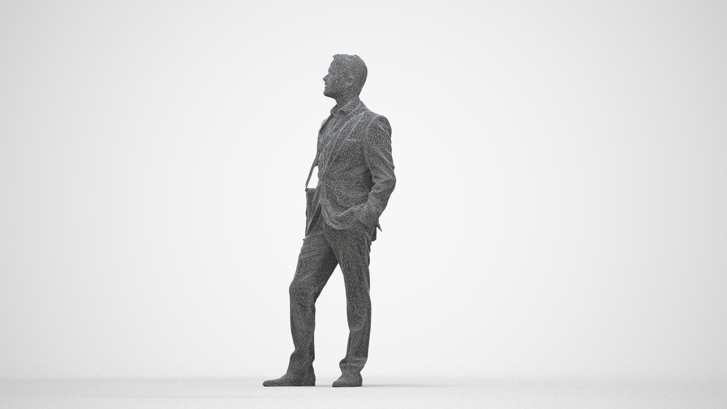 3D human model man business, photogrammetry scanned person for archviz, wireframe back view