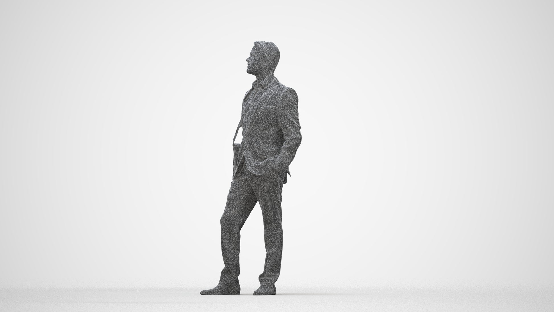 3D human model man business, photogrammetry scanned person for archviz, wireframe back view
