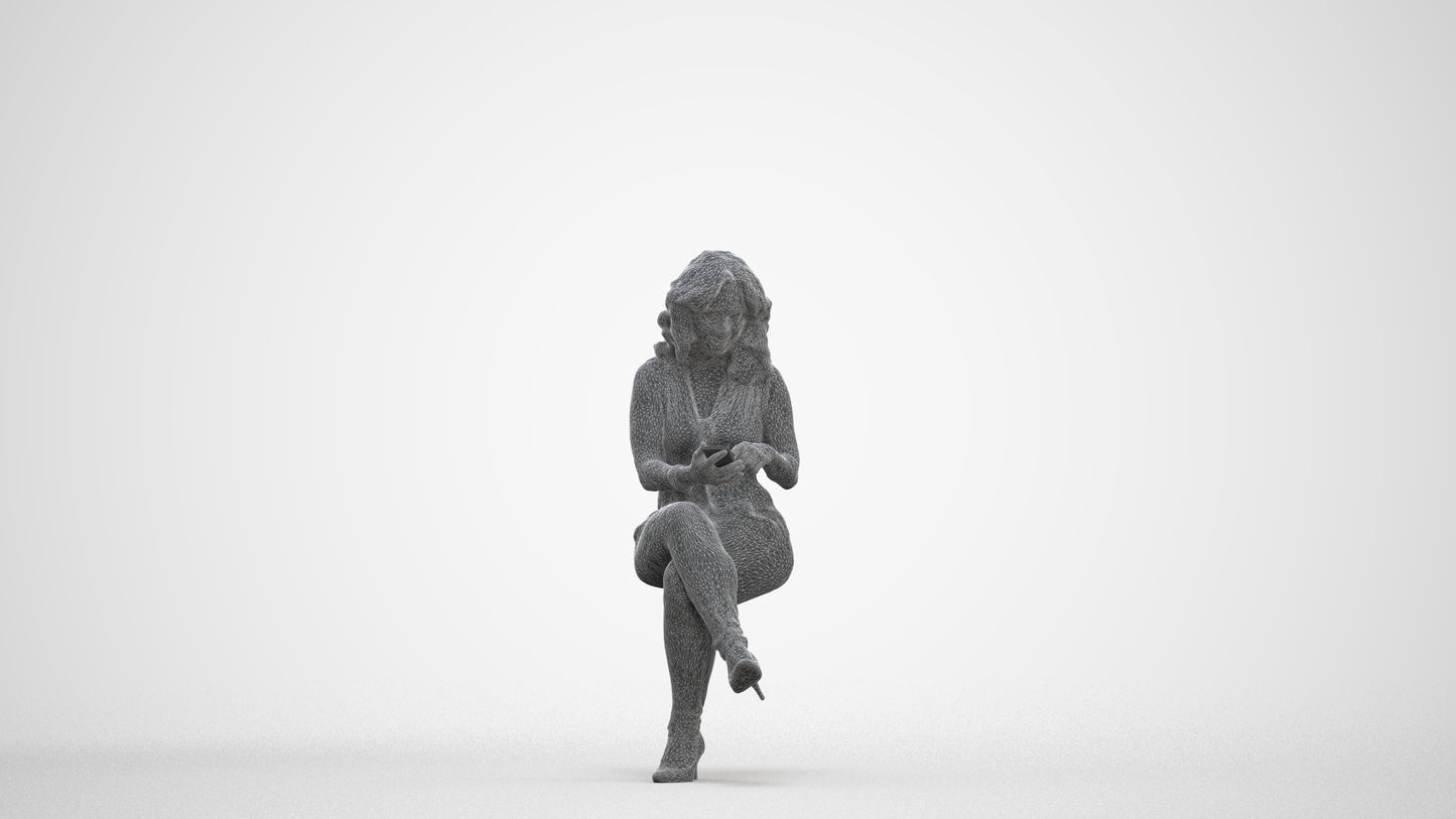 photogrammetry 3D woman casual sitting, realistic human model archviz FBX, three-quarter front view render