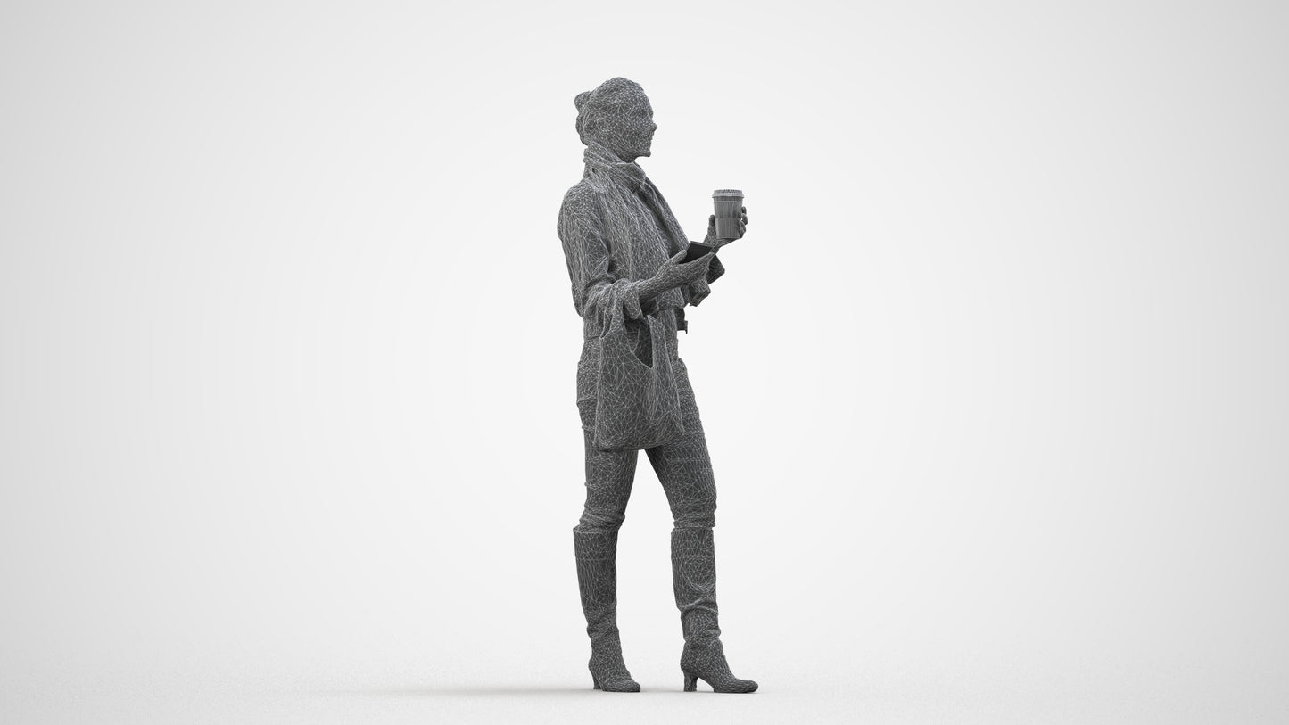 realistic 3D people woman casual standing, render-ready for V-Ray and Corona, FBX OBJ, wireframe side view
