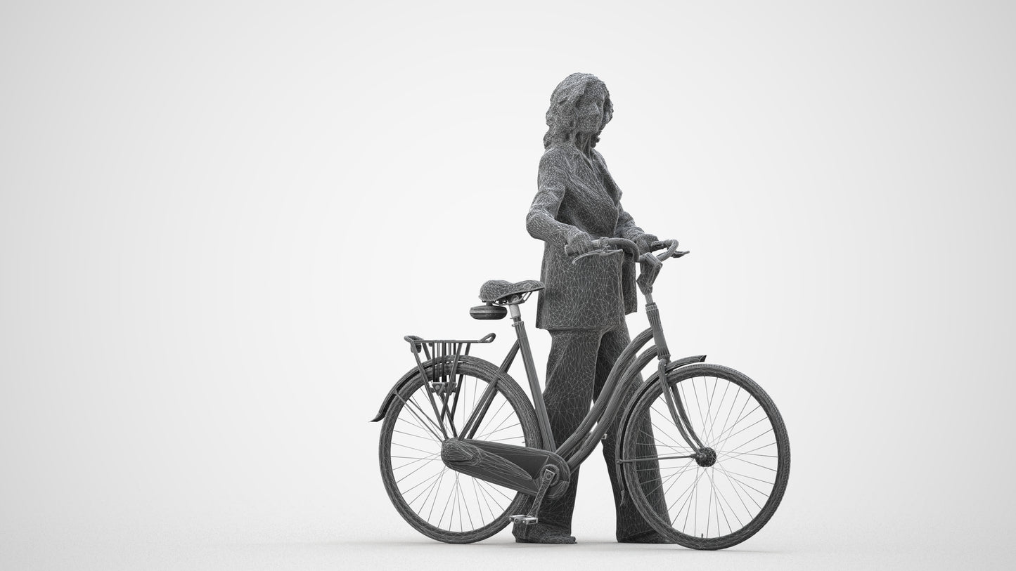 3D scanned senior woman cycling business, photorealistic archviz people for Enscape and SketchUp, wireframe side view