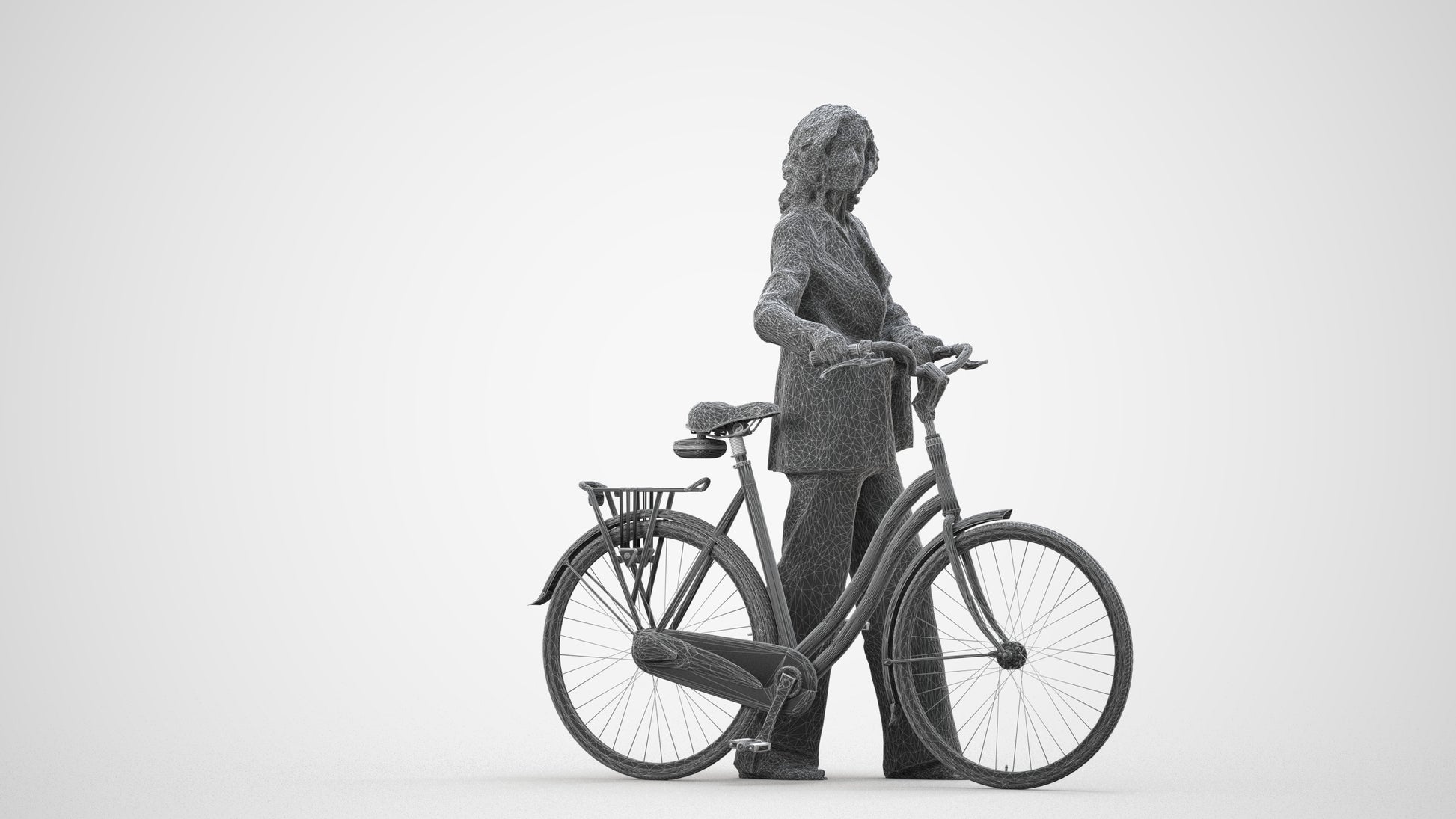 3D scanned senior woman cycling business, photorealistic archviz people for Enscape and SketchUp, wireframe side view
