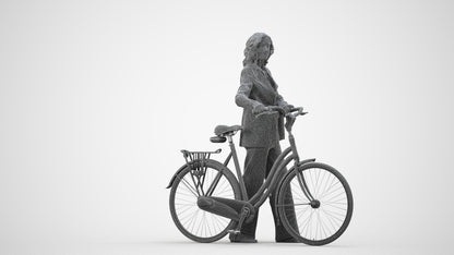 3D scanned senior woman cycling business, photorealistic archviz people for Enscape and SketchUp, wireframe side view