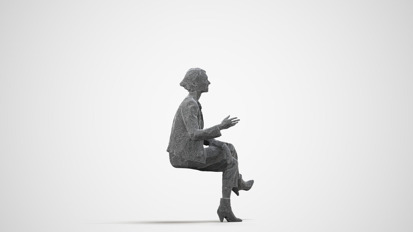 3D people model woman business sitting, scanned human for 3ds Max rendering, wireframe side view