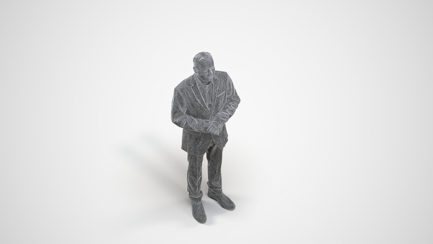 3D human model man business, photogrammetry scanned person for archviz, wireframe three-quarter view