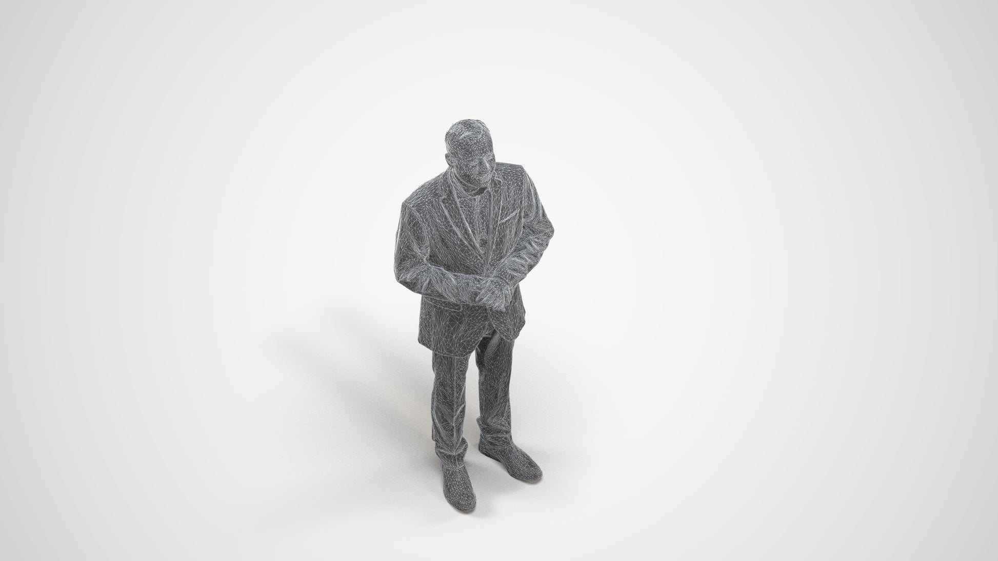 3D human model man business, photogrammetry scanned person for archviz, wireframe three-quarter view