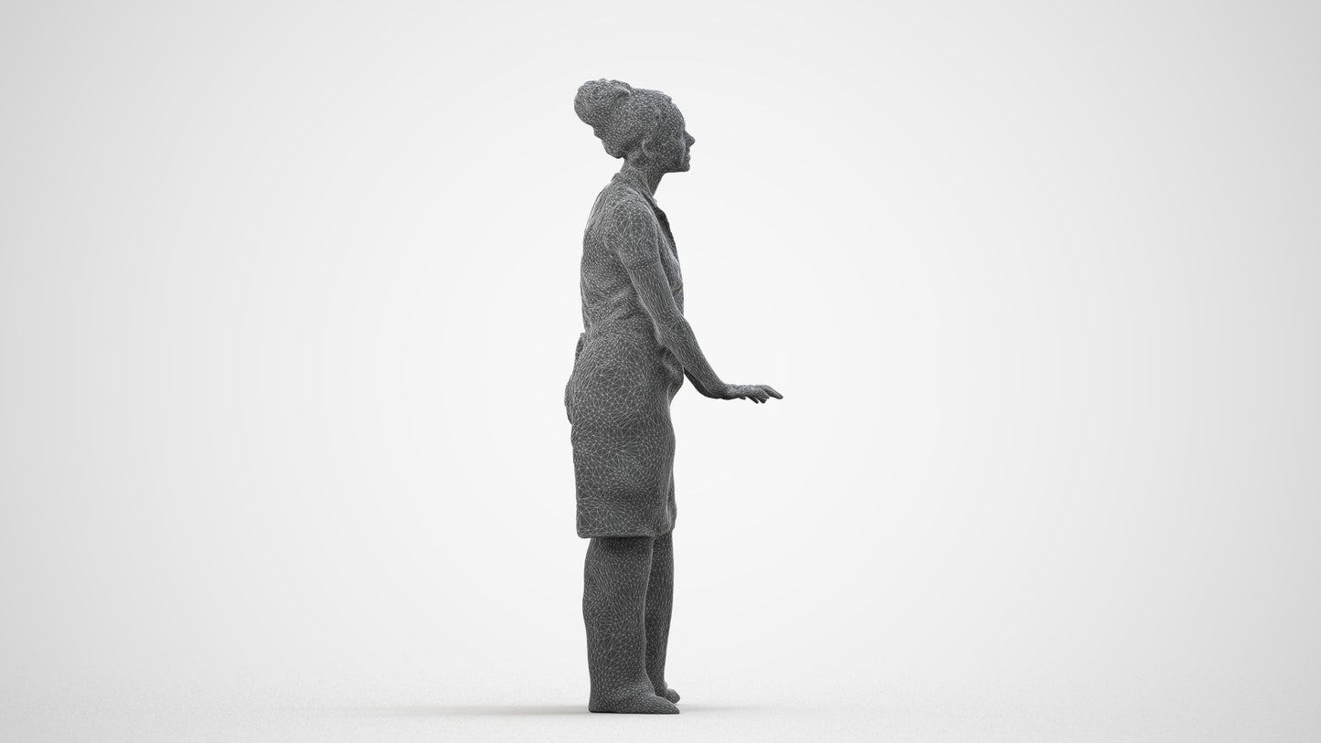 scanned 3D woman hospitality, photogrammetry people for Enscape and V-Ray, wireframe side view
