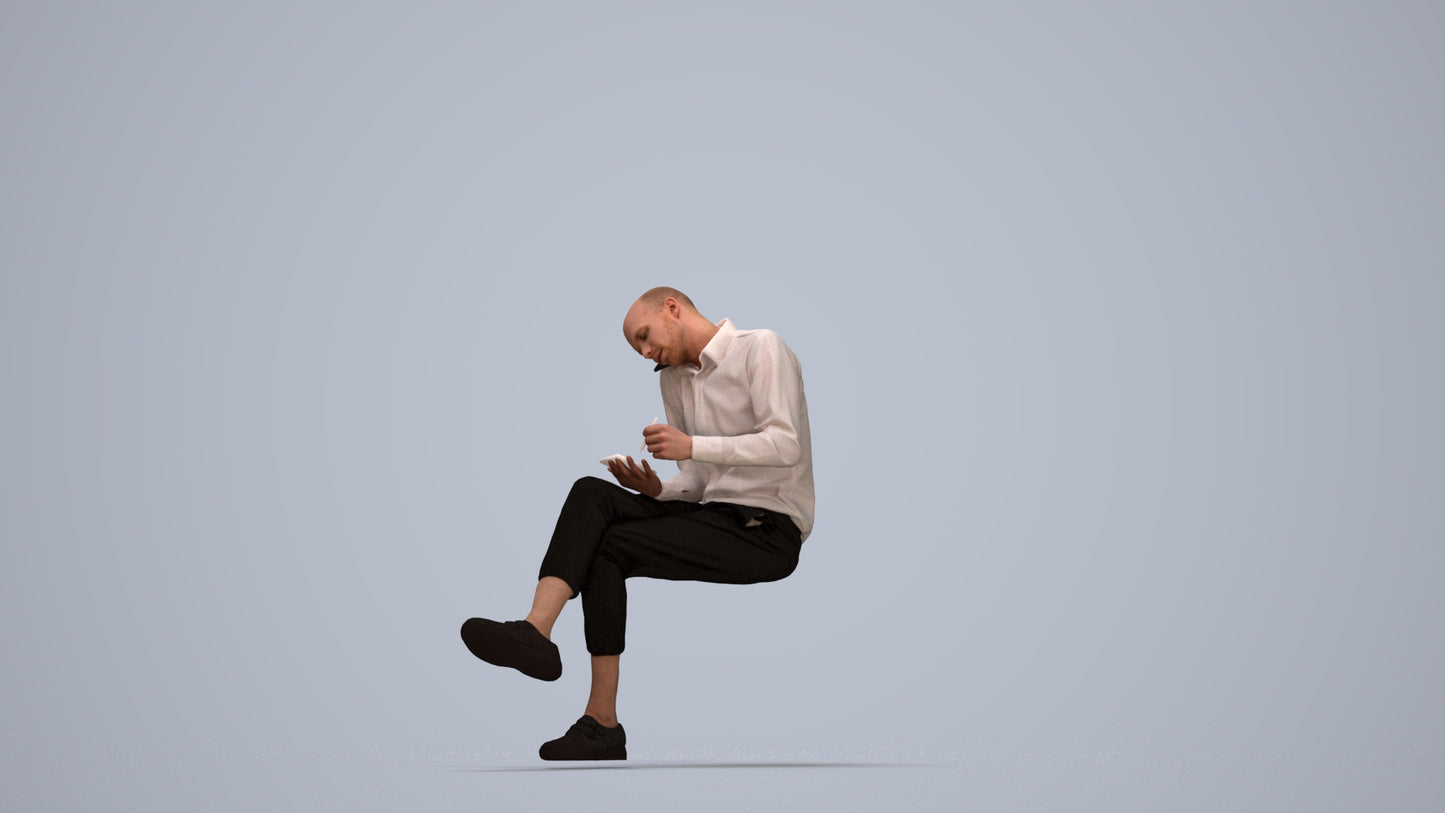 realistic 3D human man casual sitting, archviz people FBX OBJ for Blender, top-down view render
