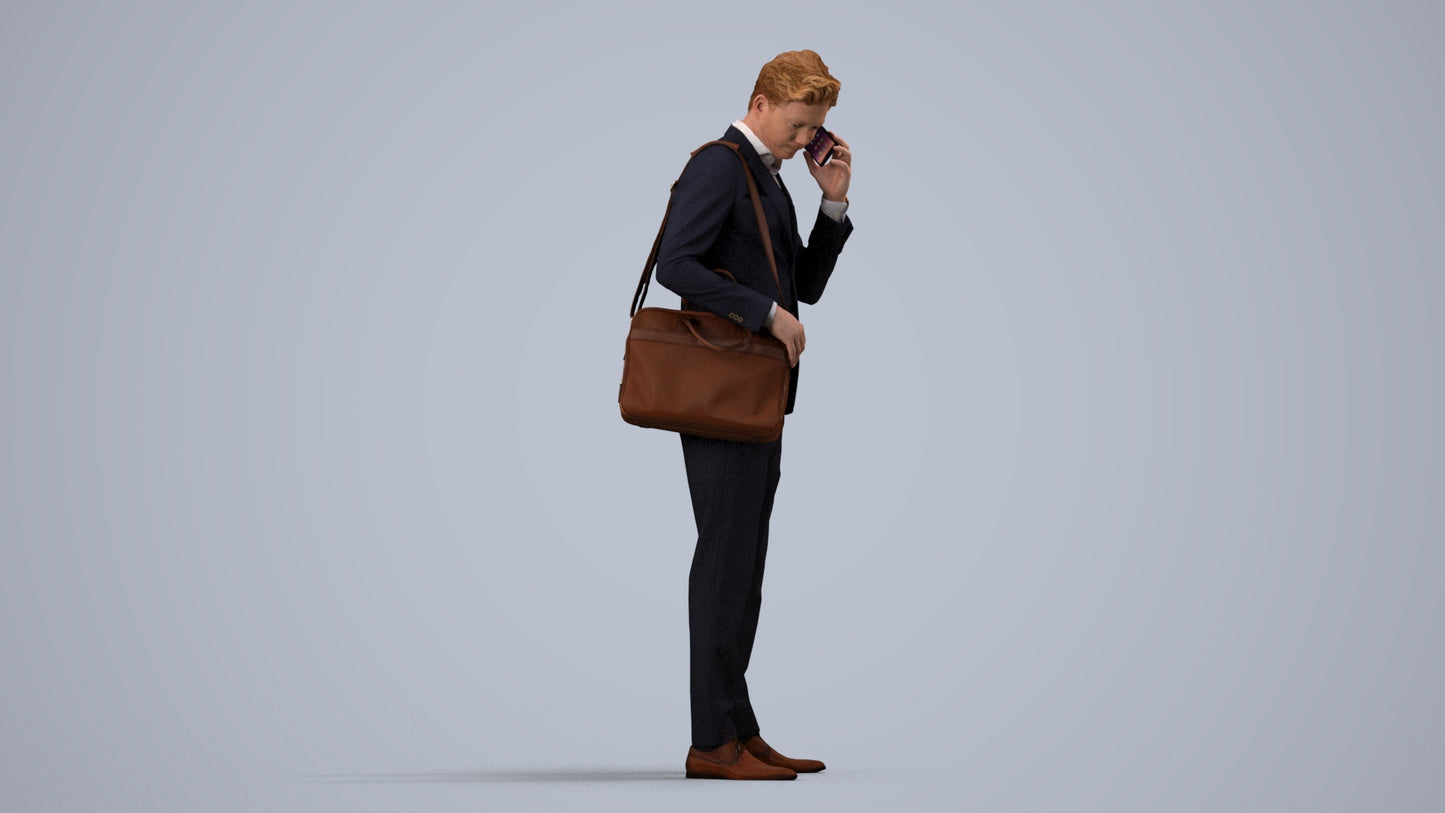 3D human model man business, photogrammetry scanned person for archviz, side view render