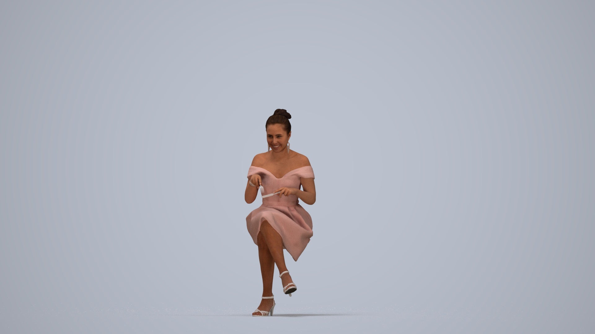 3D human model woman formal sitting, photogrammetry scanned person for archviz, top-down view render