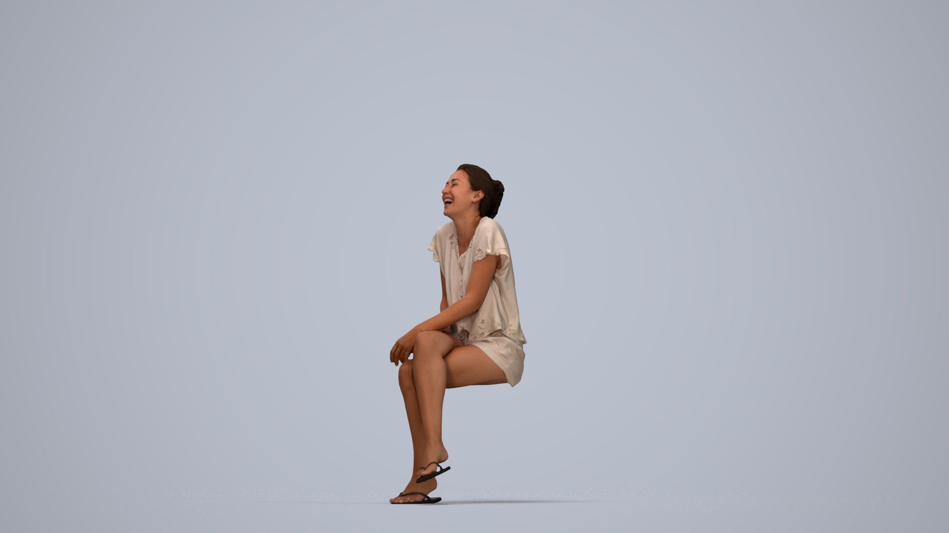 realistic 3D human woman casual sitting, archviz people FBX OBJ for Blender, top-down view render