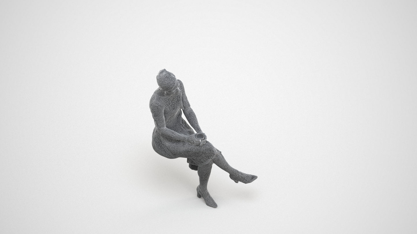 realistic 3D people woman business sitting, render-ready for V-Ray and Corona, FBX OBJ, wireframe three-quarter view