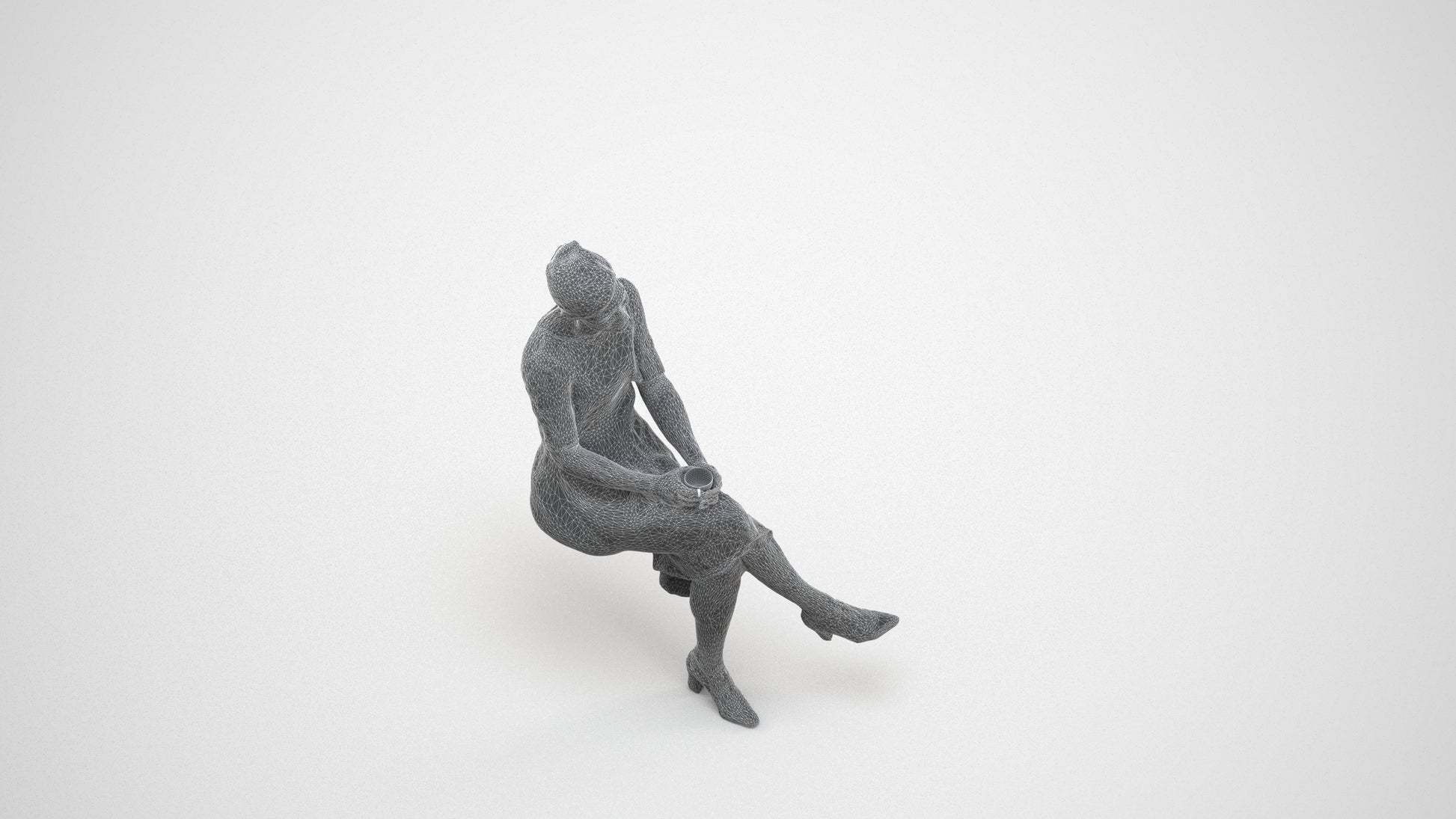 realistic 3D people woman business sitting, render-ready for V-Ray and Corona, FBX OBJ, wireframe three-quarter view