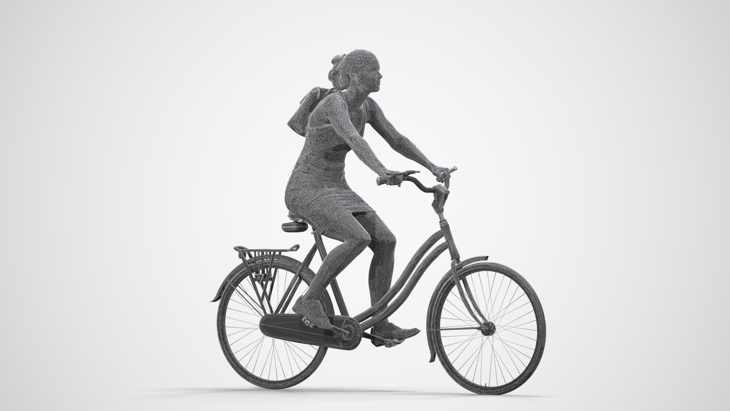 3D scanned girl cycling casual, photorealistic archviz people for Enscape and SketchUp, wireframe side view