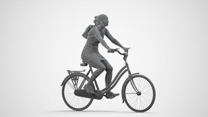 3D scanned girl cycling casual, photorealistic archviz people for Enscape and SketchUp, wireframe side view