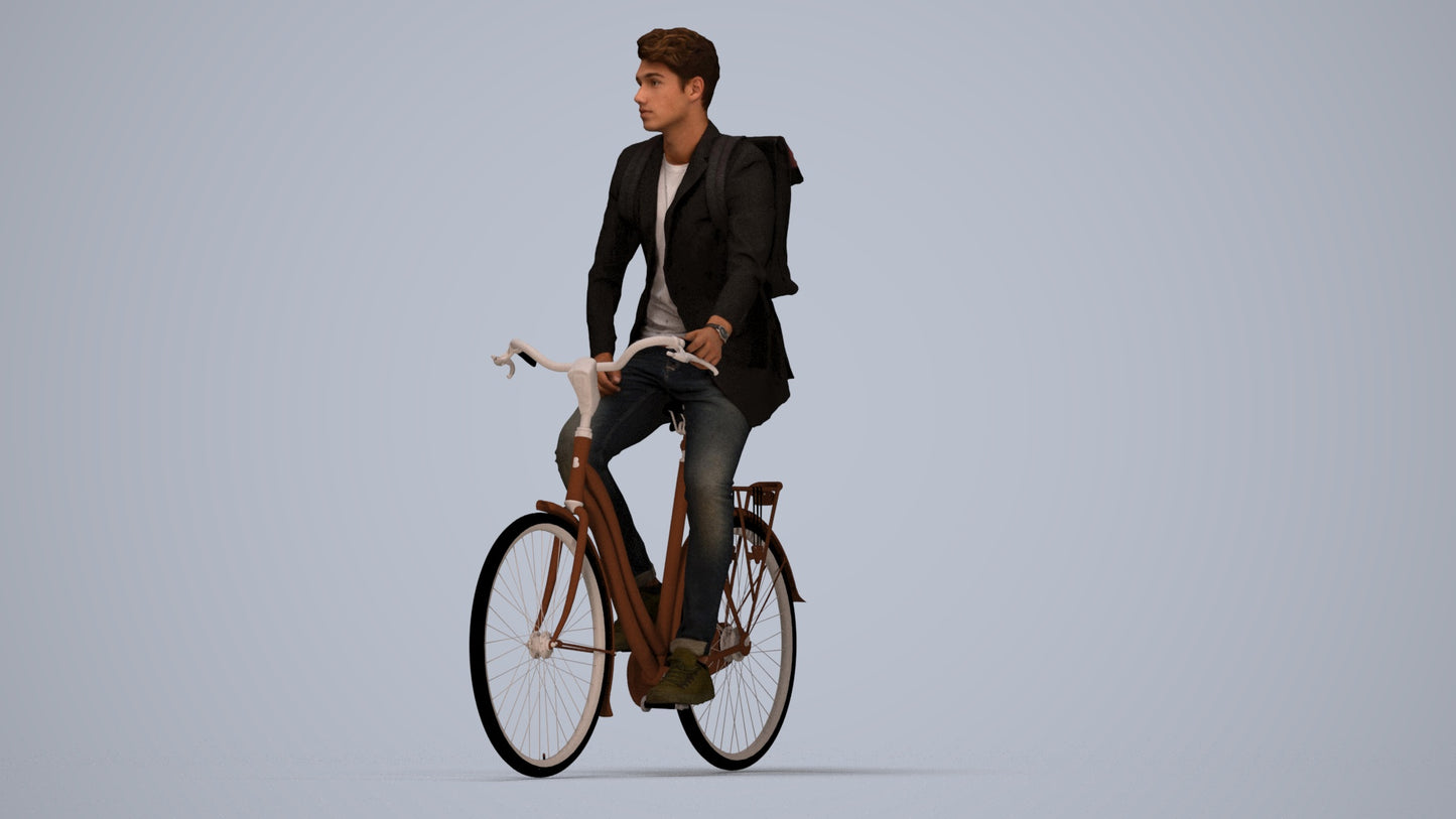 realistic 3D man casual cycling, scanned archviz people for Blender and 3ds Max, top-down view render