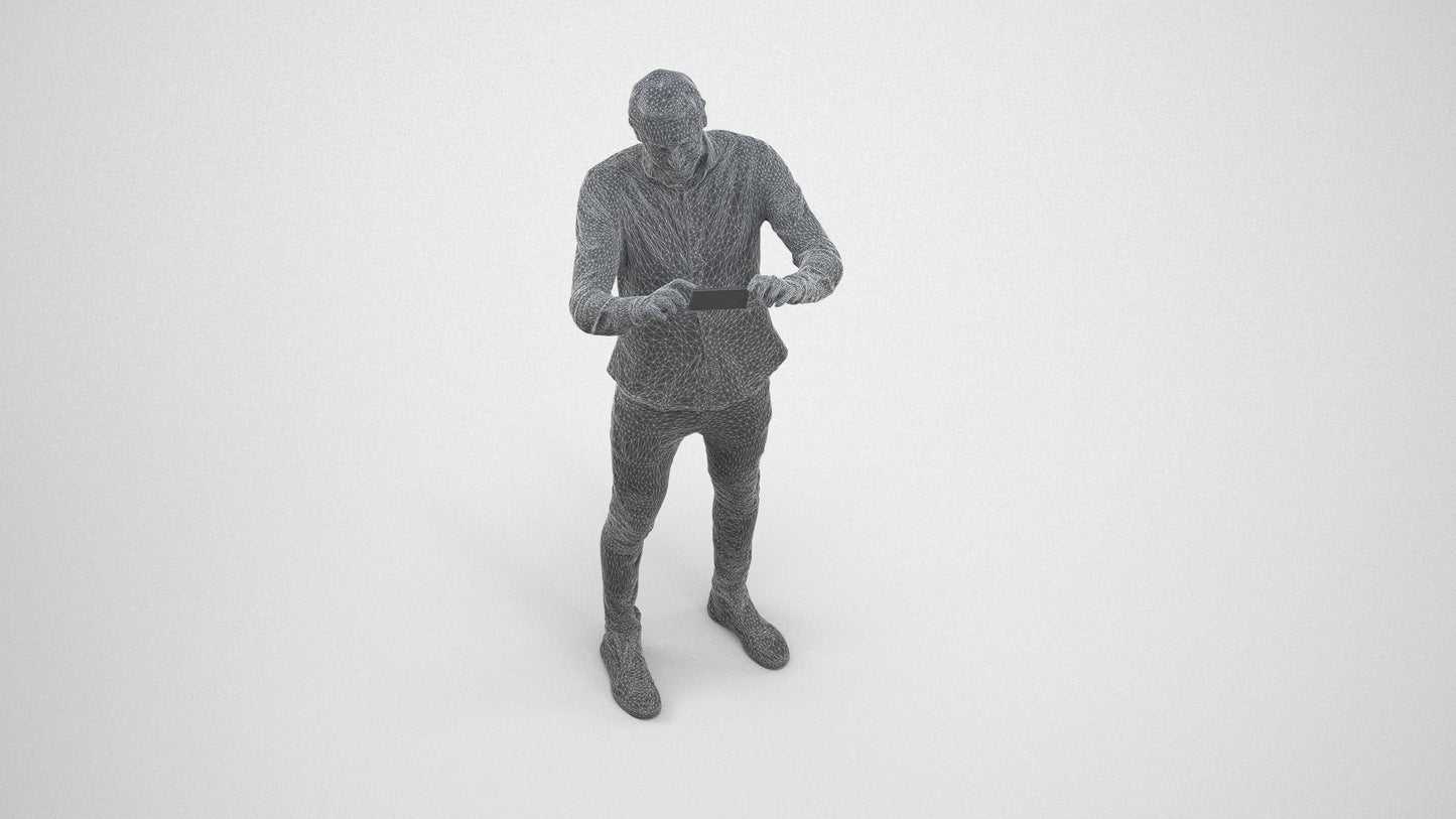 3D human model man casual standing, photogrammetry scanned person for archviz, wireframe three-quarter view