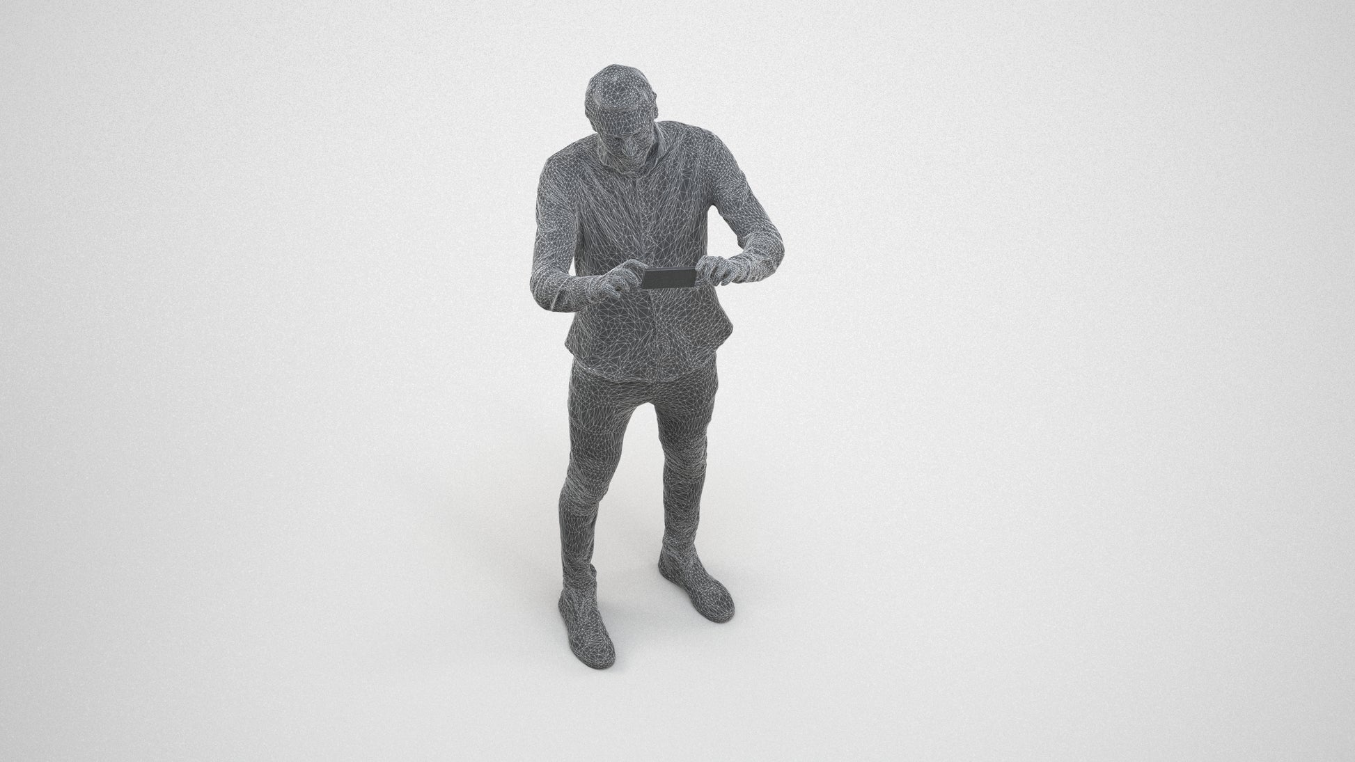 3D human model man casual standing, photogrammetry scanned person for archviz, wireframe three-quarter view