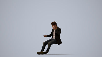3D human model man casual sitting, photogrammetry scanned person for archviz, three-quarter view render