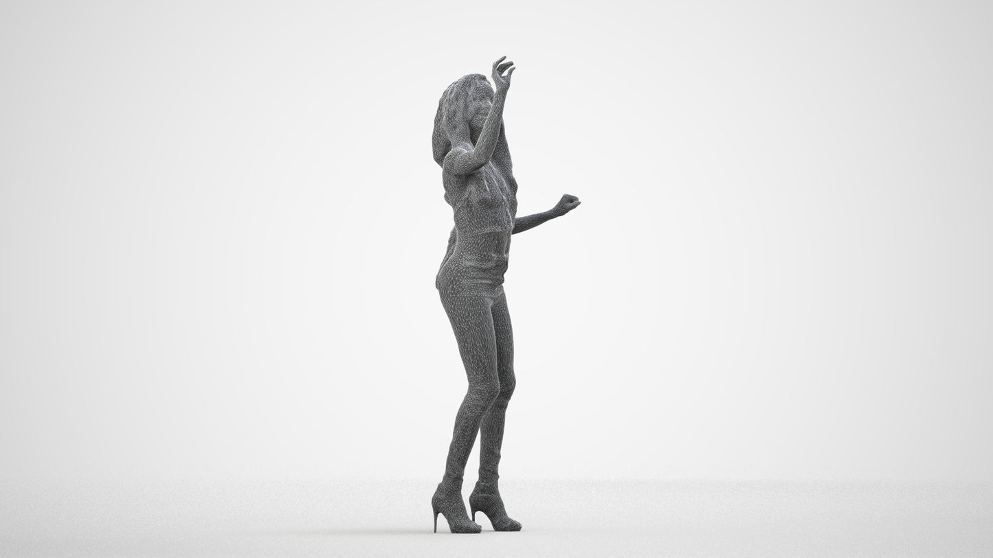 3D human model woman casual standing, photogrammetry scanned person for archviz, wireframe side view