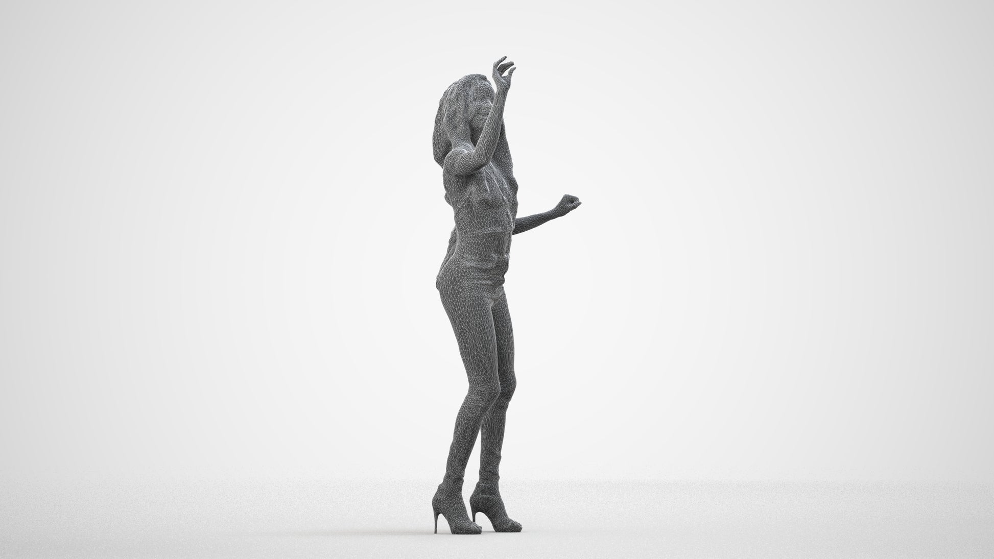 3D human model woman casual standing, photogrammetry scanned person for archviz, wireframe side view