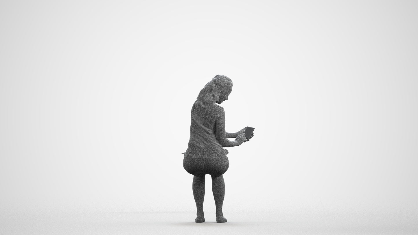 realistic 3D woman casual sitting, scanned archviz people for Blender and 3ds Max, wireframe front view