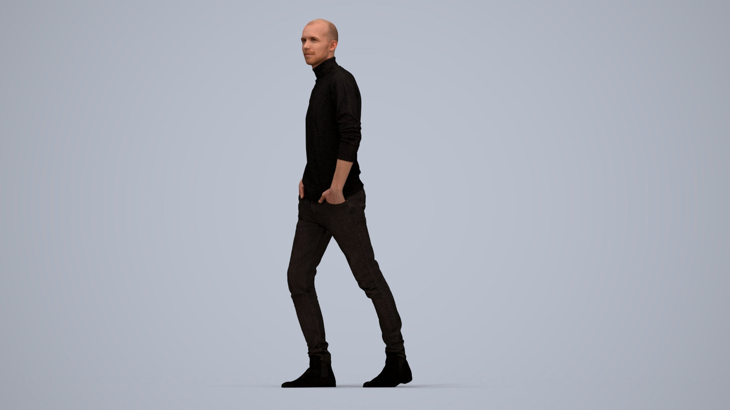 photogrammetry 3D man casual walking, realistic human model archviz FBX, top-down view render