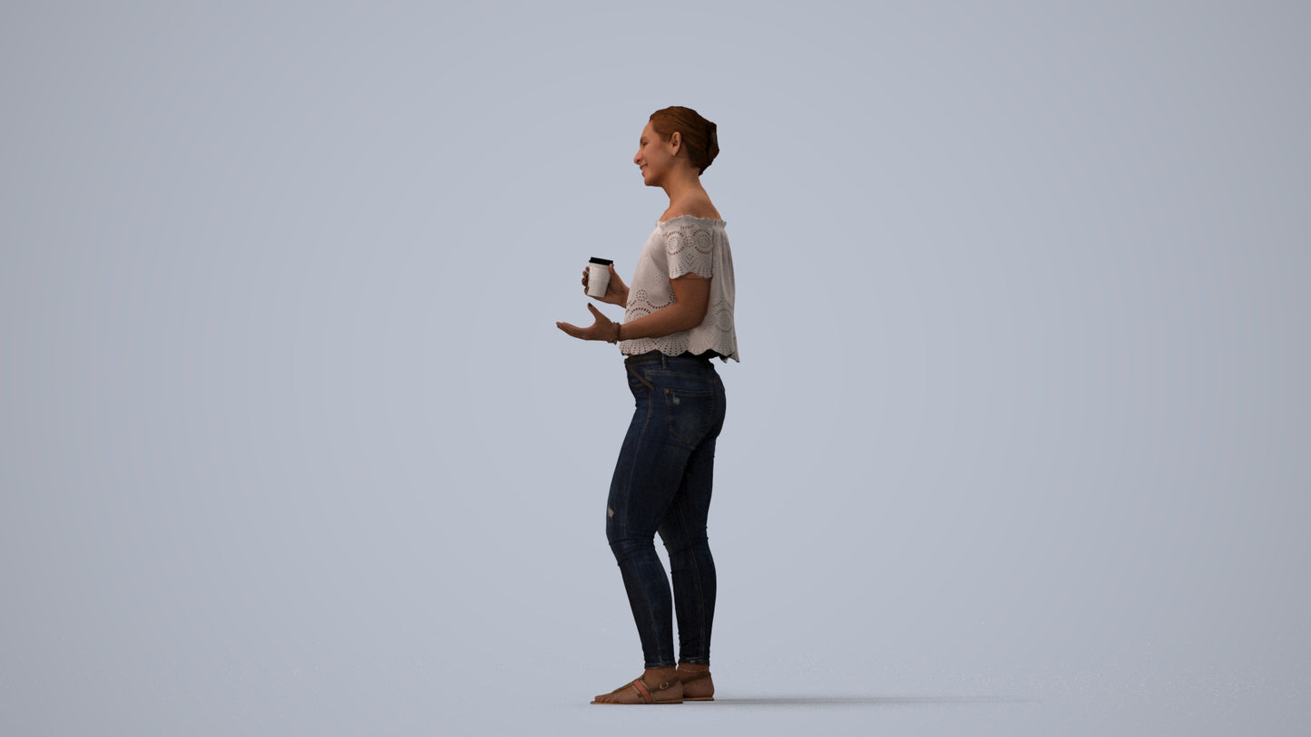3D scanned woman standing casual, photorealistic archviz people for Enscape and SketchUp, three-quarter view render