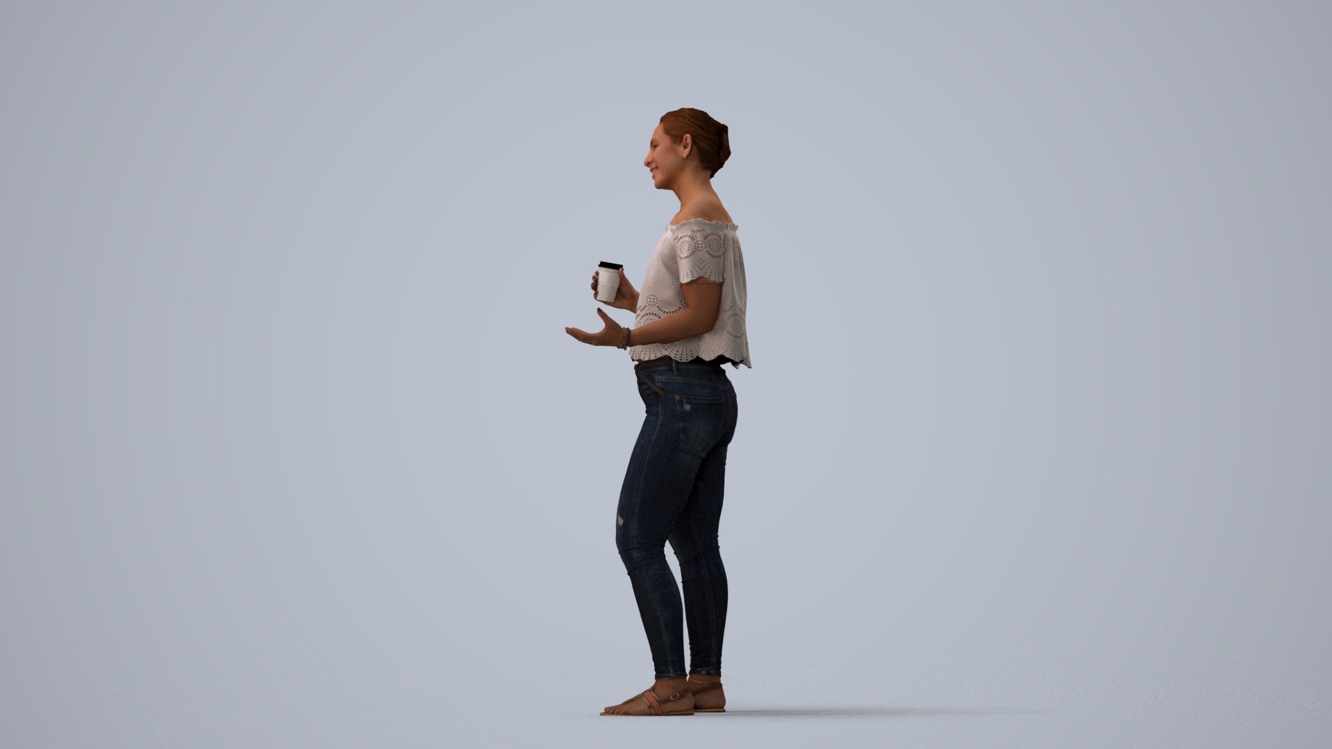 3D scanned woman standing casual, photorealistic archviz people for Enscape and SketchUp, three-quarter view render