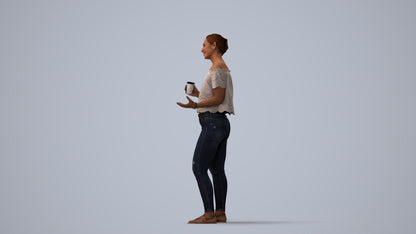 3D scanned woman standing casual, photorealistic archviz people for Enscape and SketchUp, three-quarter view render