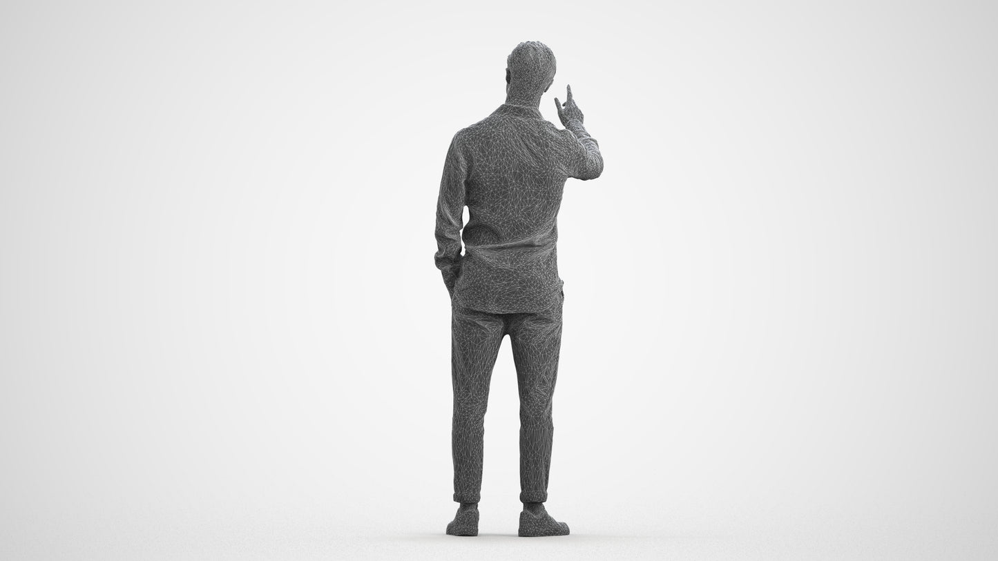 3D human model man casual standing, photogrammetry scanned person for archviz, wireframe front view