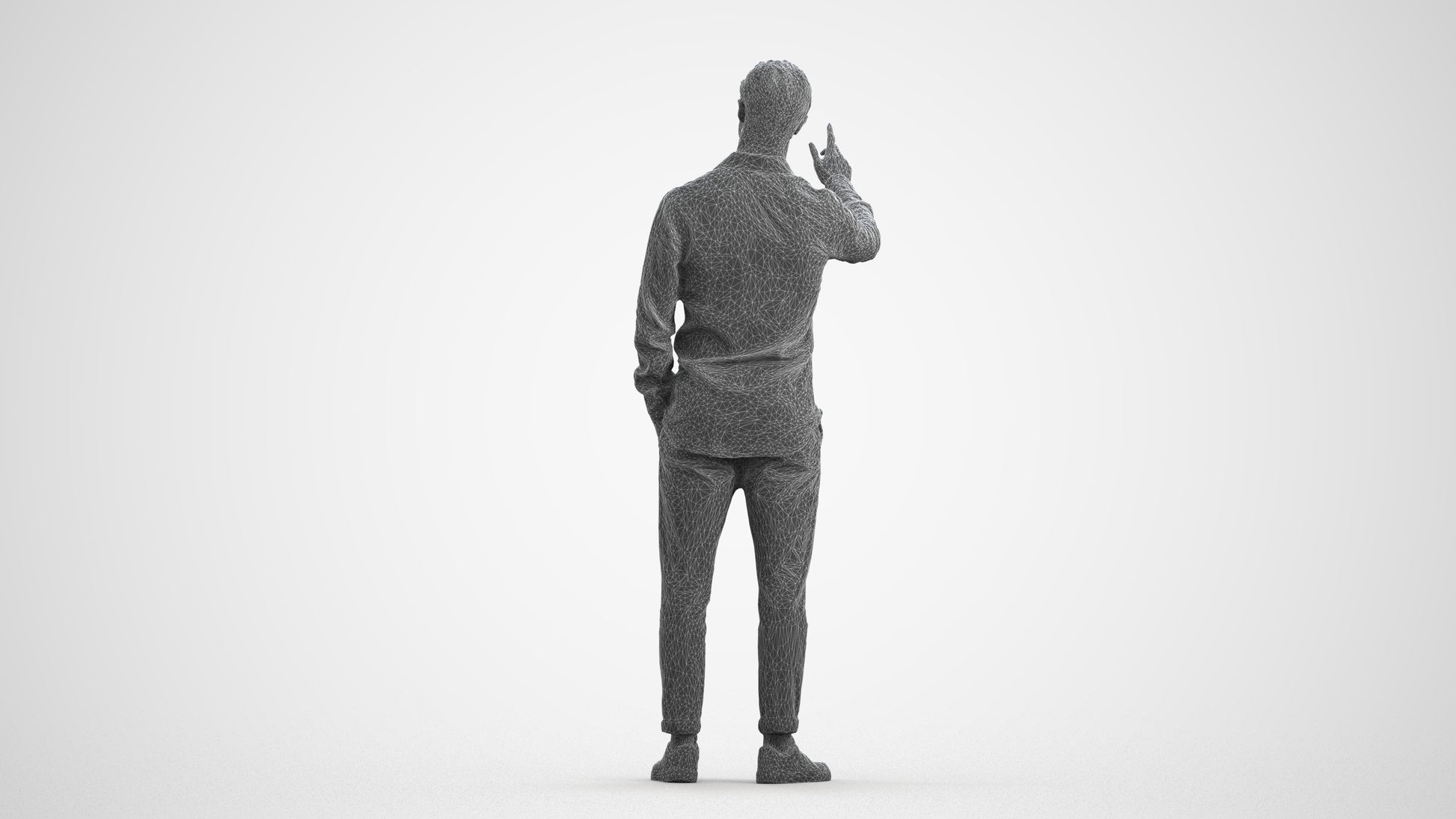 3D human model man casual standing, photogrammetry scanned person for archviz, wireframe front view