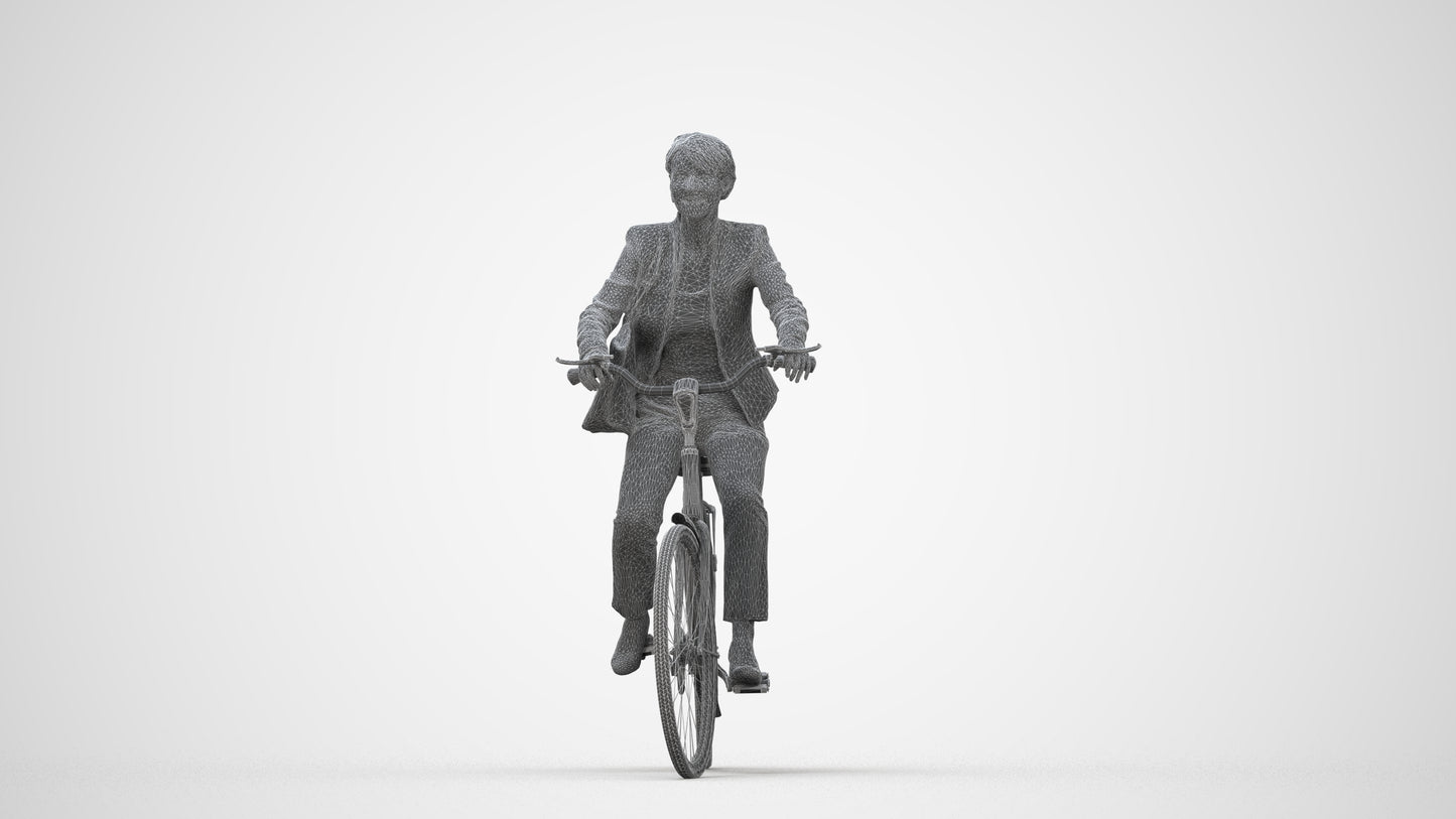 realistic 3D people senior woman business cycling, render-ready for V-Ray and Corona, FBX OBJ, wireframe back view