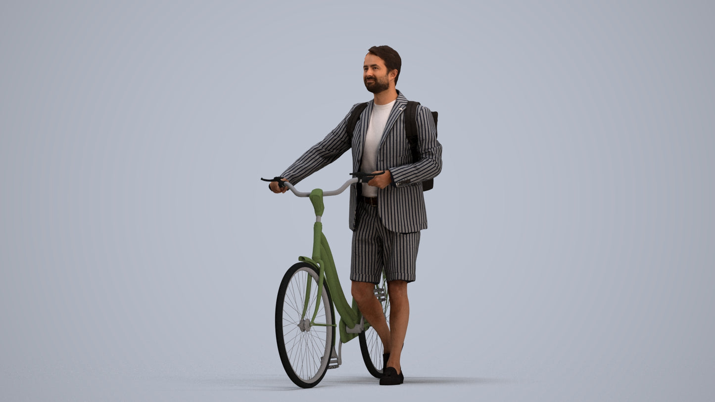 realistic 3D man business cycling, scanned archviz people for Blender and 3ds Max, standing pose render