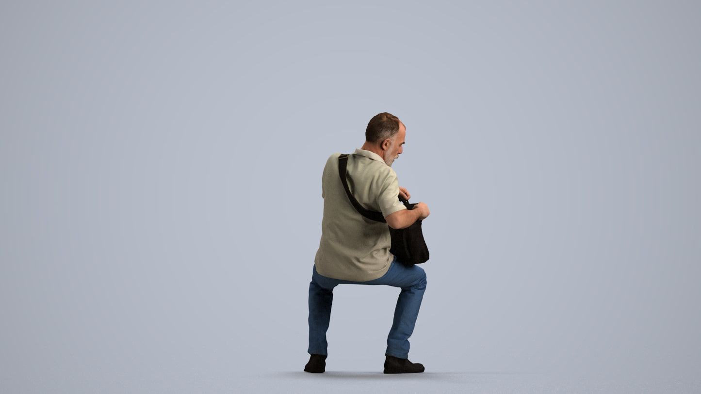 realistic 3D human senior man casual sitting, archviz people FBX OBJ for Blender, front view render