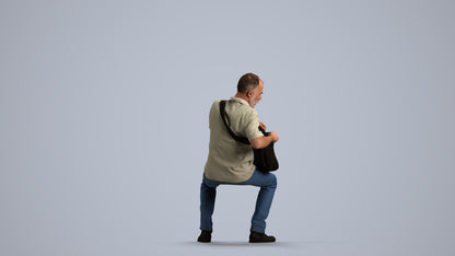 realistic 3D human senior man casual sitting, archviz people FBX OBJ for Blender, front view render
